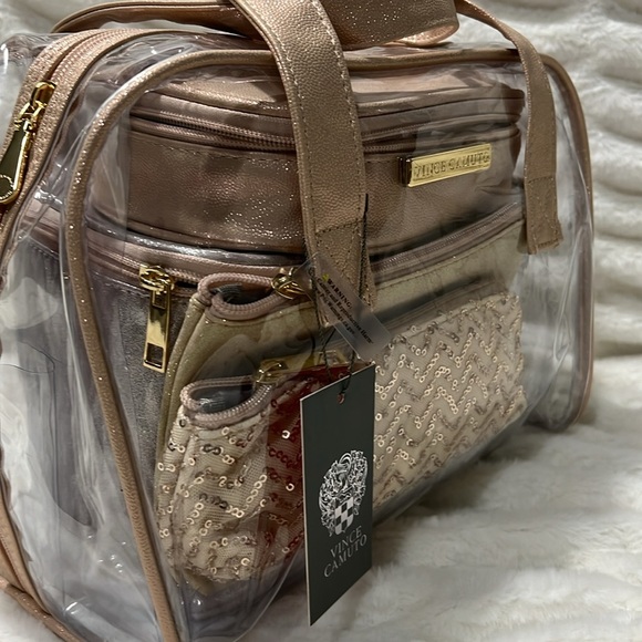 🎉 New Vince Camuto Rose Gold 5 Piece Glittery Makeup Cosmetic Bag Gift Set - Picture 6 of 6